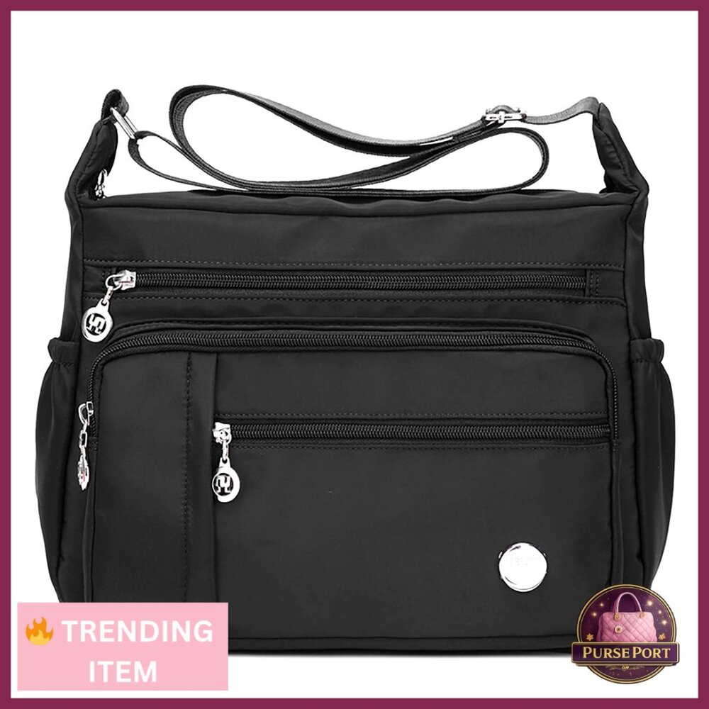 Waterproof Nylon Crossbody Bag with Multiple Pockets, Adjustable Strap, Two